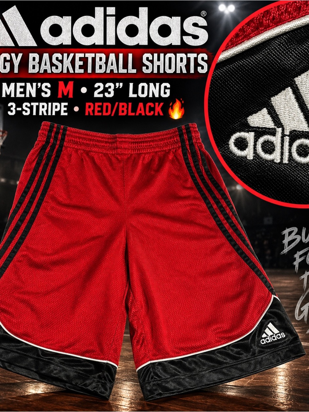 Adidas Basketball Shorts Mens M Red Black 3 Stripe Baggy Long Mesh 23”